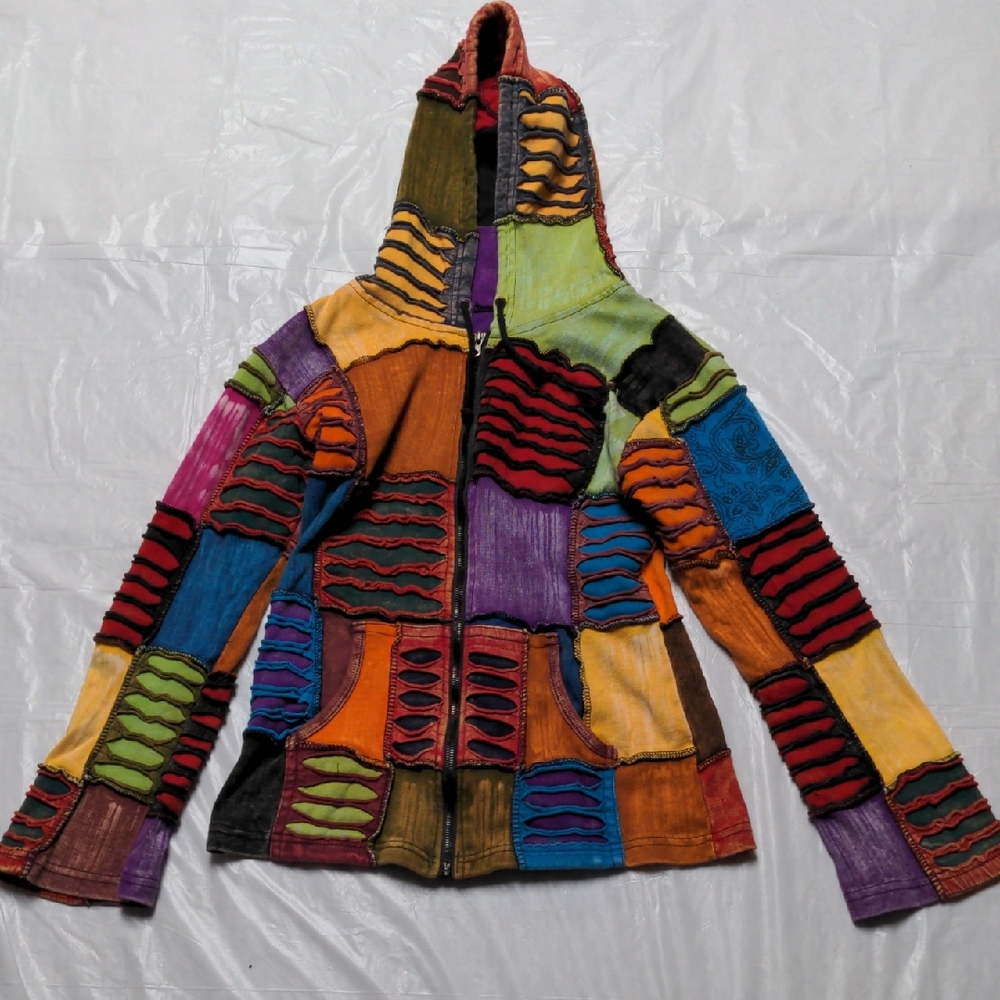The Collection Royal Hippie Patchwork Boho Colorful Zip Up Hoodie Sweatshirt Md